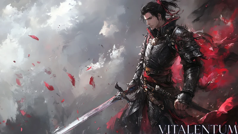 Stormlit crimson swordsman pausing between furious battles.