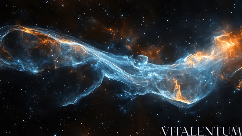 Celestial nebula stream arcs across a star filled cosmic void