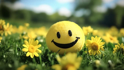 Smiley face ball on green grass among yellow daisies outdoors.