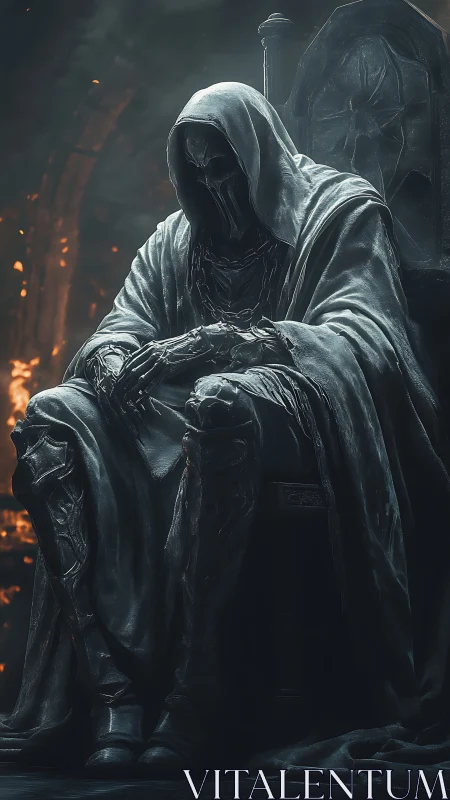 Brooding hooded ruler resting in a shadowed, fiery hall.