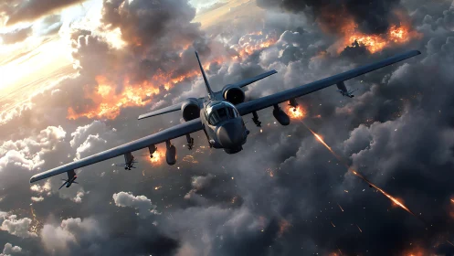Attack aircraft storms burning clouds over battlefield sky.