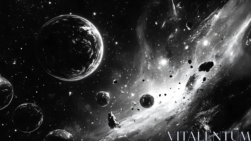 Silent orbits in a glowing black and white galaxy sky.