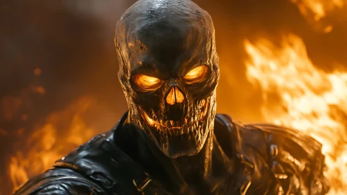 Flaming skull warrior in molten armor against firestorm.