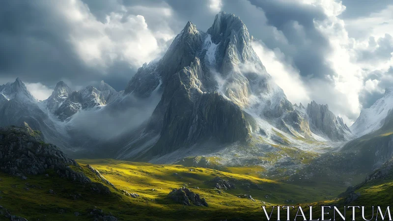 Storm-lit alpine spires rise over sunlit emerald valley