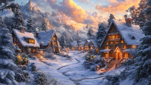 Snowy alpine village glows warmly under a pastel sunset sky