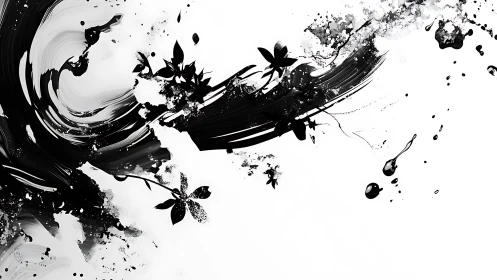Flowing ink brush dances with delicate floral silhouettes