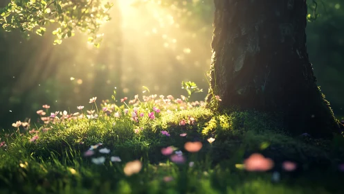Forest sunlight paints a secret meadow around an ancient tree