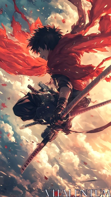 Skyborne swordsman rides the wind in blazing red ribbons
