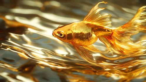 Golden fish swimming in shimmering golden water, digital art style.