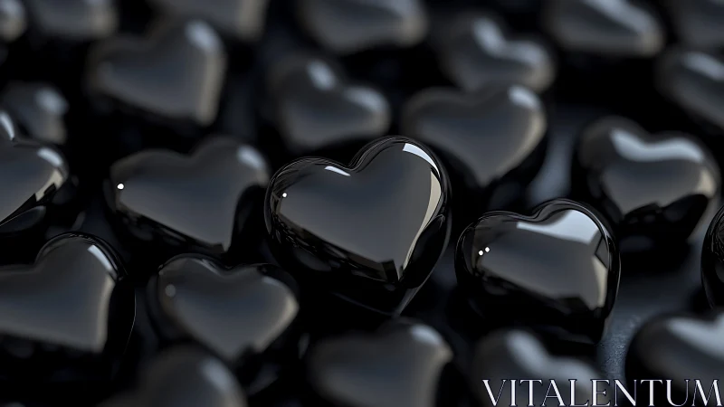 Glossy Black Hearts in Dimensional Array. Reflective Polymer Sculpture.