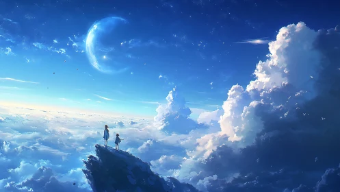 Children stand on cloudside cliff under vast celestial sky
