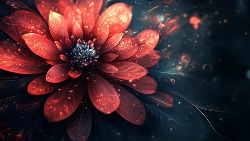 Radiant crimson fractal flower amid cosmic shimmered depths.