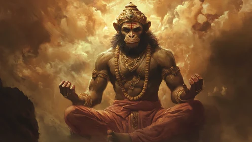 Divine monkey warrior meditates in swirling celestial embers.
