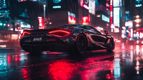 Sleek black supercar in neon city street at night rain.