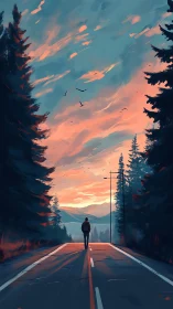 Solitary traveler walks forest road under vivid dawn sky