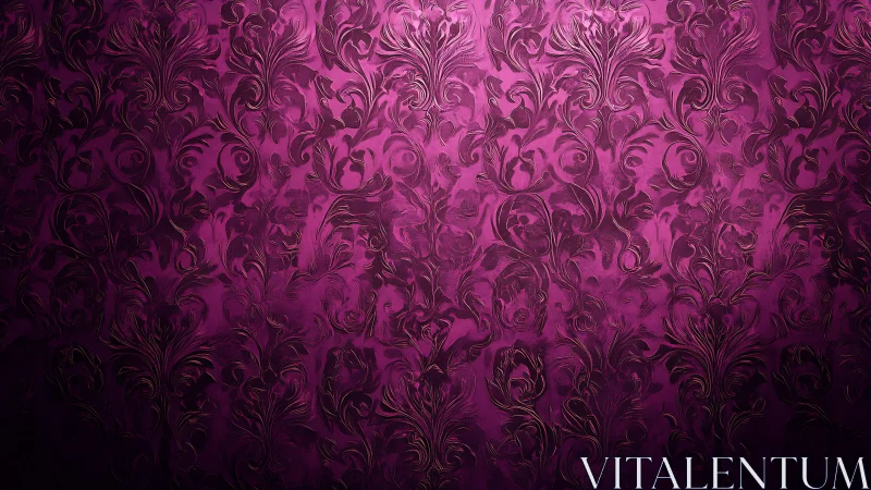 Ornate magenta damask wallpaper with embossed floral scrolls.