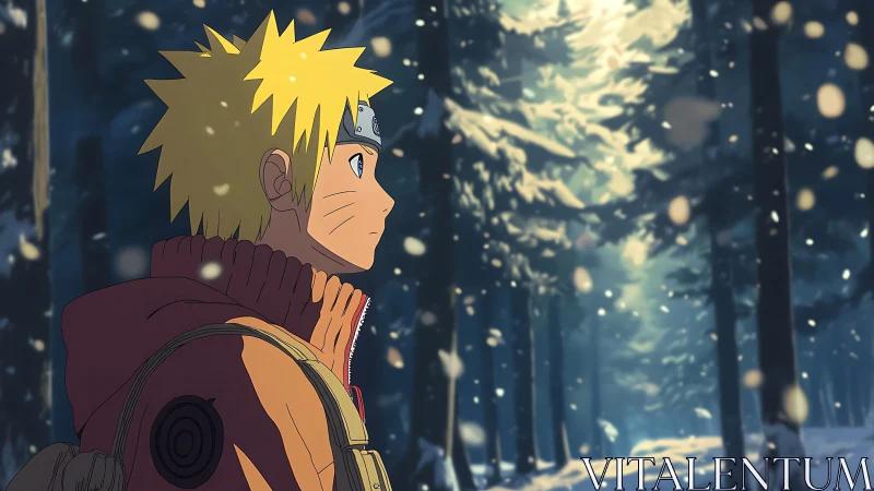 Anime boy in winter forest rendered with soft atmospheric lighting