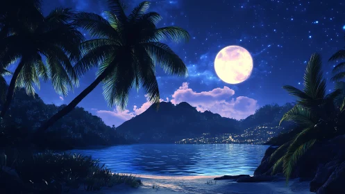 Moonlit Tropical Paradise with Mountain Vista and Luminous Sky