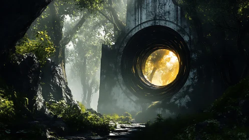 Sunlit forest portal embedded in ancient concrete monolith.