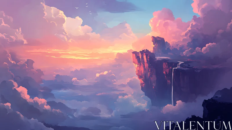 Sunset sky cliffs and waterfall rendered in luminous digital painting