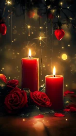 Romantic Evening: Glowing Red Candles and Roses Create Magic