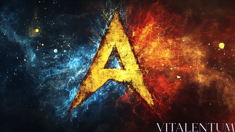 Fiery golden letter A divides swirling blue and red energy.