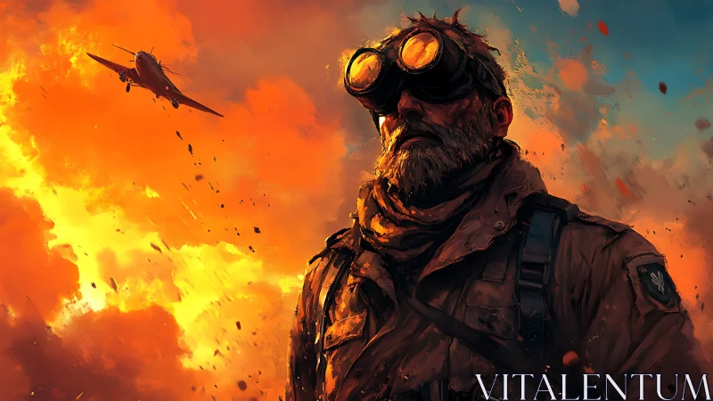 Battle-scarred pilot stands before burning war sky.