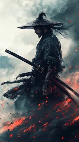 Lone ash-swept samurai strides through a storm of embers.