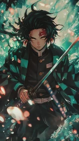 Sword-lit warrior strides through teal embers and stormlight.