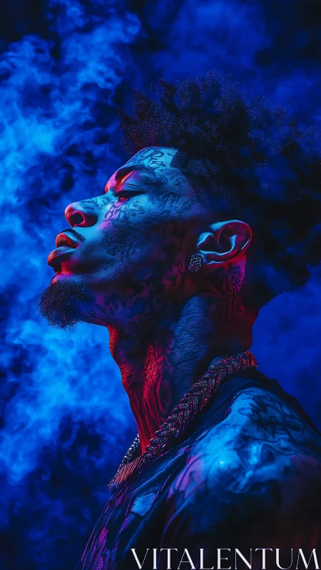 Tattooed man in neon smoke with strong side profile.