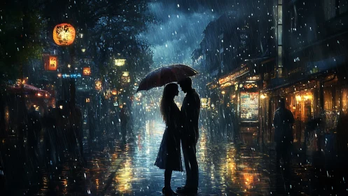 Couple sheltering beneath umbrella in neon-lit rainy cityscape.