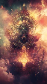 Celestial mandala deity towers above radiant techno-temple
