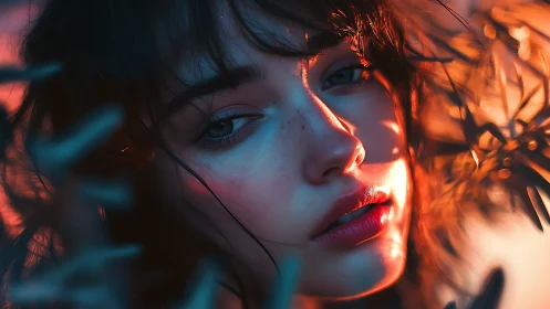 Chromatic bokeh portrait under opposing cyan and ember lighting.