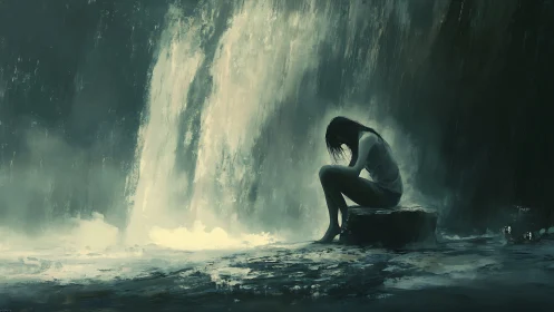 Solitary figure under cascading waterfall in moody digital chiaroscuro