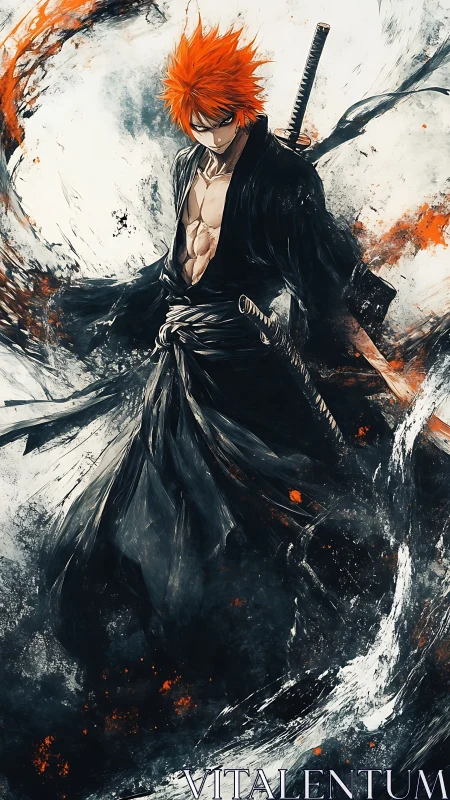 Sword-bearing figure stands in swirling abstract black forms