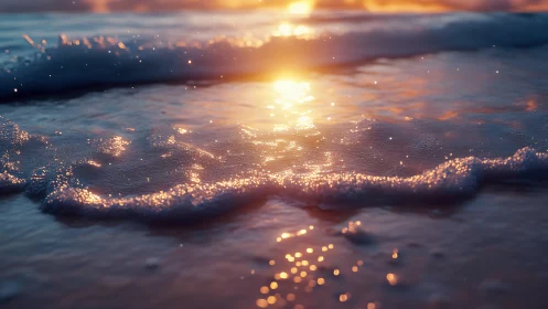 Photorealistic shoreline close-up with luminous sunset surf.