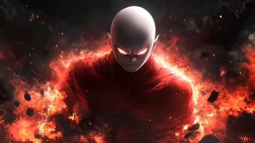 Bald humanoid figure emerges from dense red-orange flames