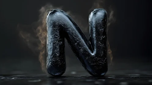 Glossy Black 3D Letter N with Smoky Effect on Dark Background.