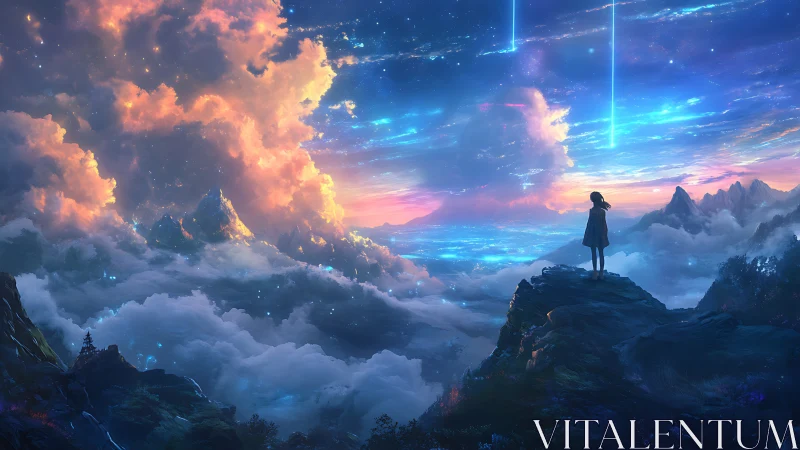 Stargazing child above nebula valleys and electric dusk sky.