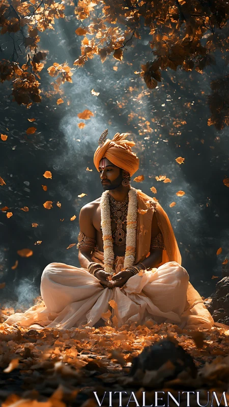Digital painting of regal meditative figure under autumn canopy.