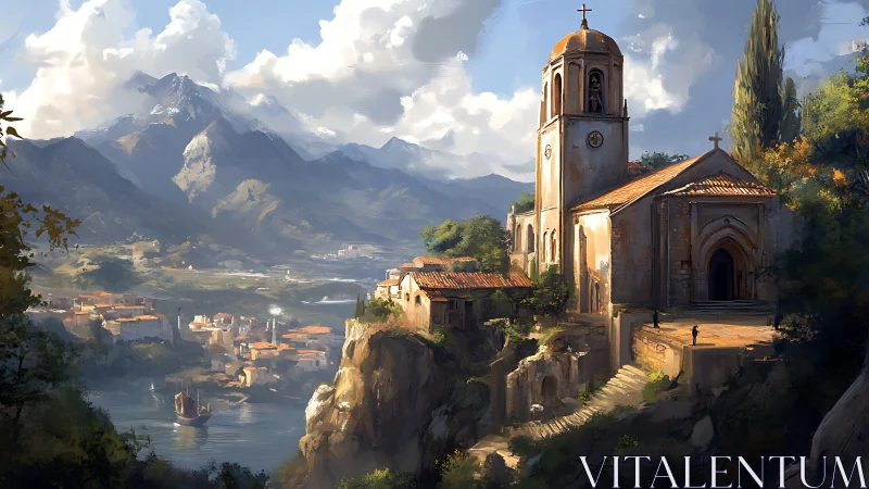 Clifftop church above river port in mountainous landscape.