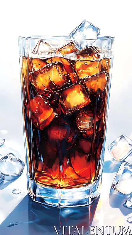 Tall glass of cola with melting ice cubes rendered sharply