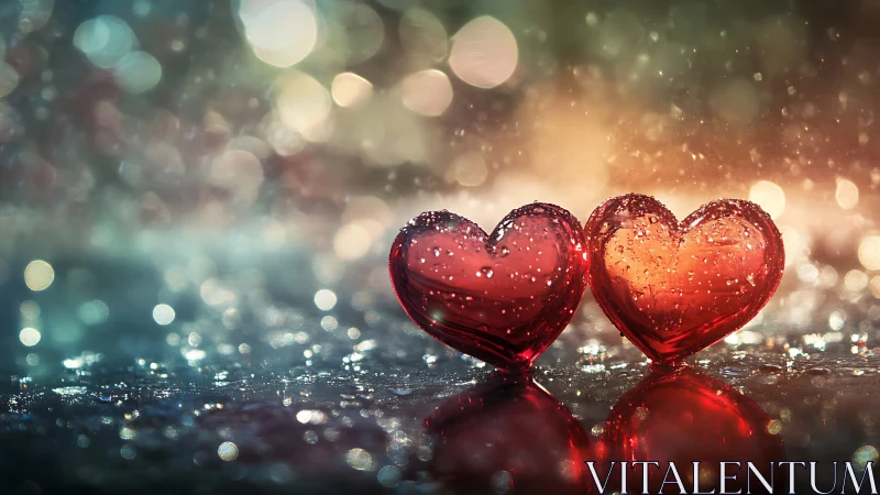 Two Glass Hearts on Wet Surface with Bokeh.