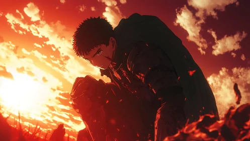 Armored warrior kneels in blood-red sunset with dramatic backlight