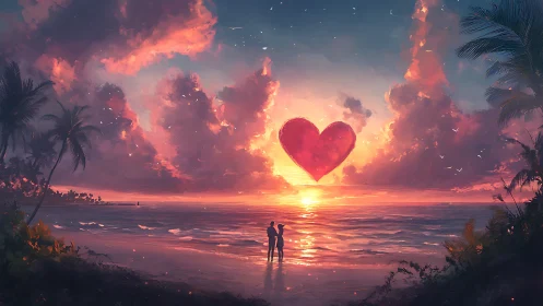 Tropical Paradise Romance: Digital Sunset Heart Over Golden Waters.