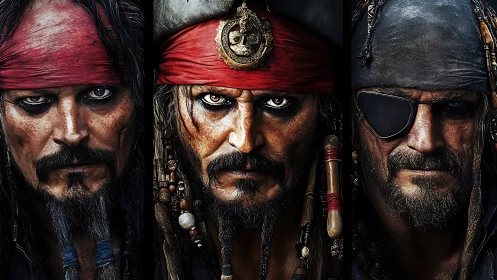 Triptych of three digitally rendered pirate character portraits