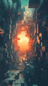 Glowing digital canyon opens a path through towering blocks