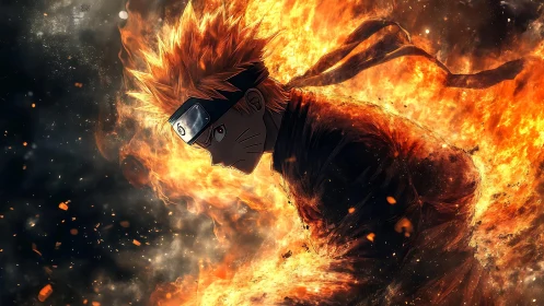 Dynamic anime warrior engulfed in volumetric fire vortex motion