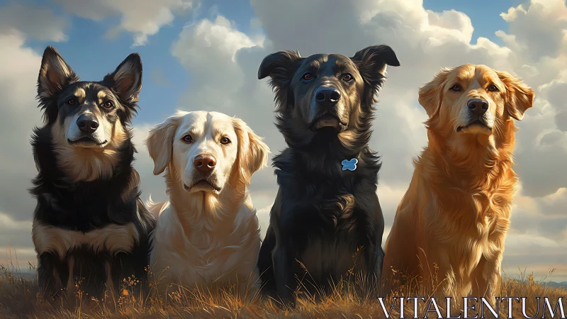 Four loyal dogs sit proudly together under soft sky