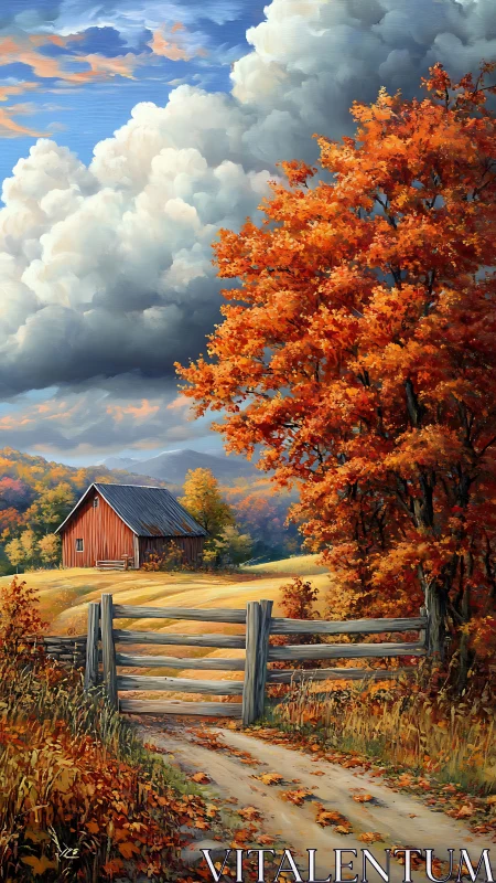 Autumn country lane leading to barn under dramatic clouds.